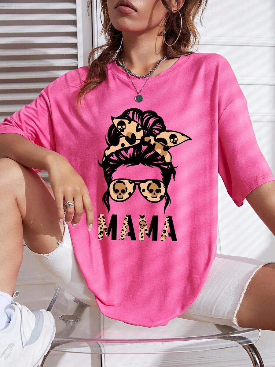 SHEIN EZwear Figure & Letter Graphic Drop Shoulder Tee - Hot Pink - View 1