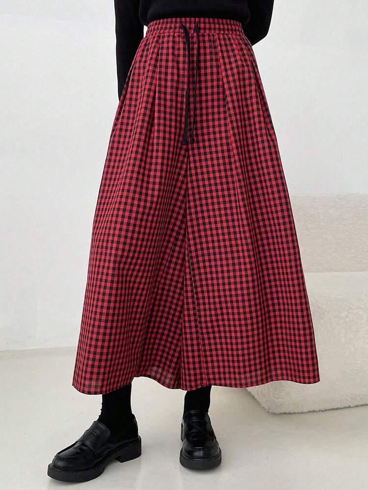 DAZY הדפס משובץ מותן שרוך מכנסיים מתרחבים - בורגונדי - ראה 3