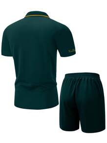 Manfinity Homme Men Letter Figure Graphic Contrast Trim Polo Shirt & Shorts - Dark Green - View 2