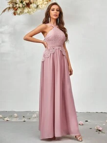 SHEIN Belle Contrast Lace Halter Neck Chiffon Bridesmaid Dress - Dusty Pink - View 6