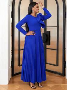 Ruffle Trim Pleated Hem Dress - Blue - View 4