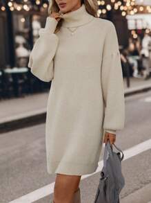 SHEIN Clasi 高領落肩袖毛衣洋裝不附腰帶 - 杏色 - 查看 5