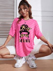 SHEIN EZwear Figure & Letter Graphic Drop Shoulder Tee - Hot Pink - View 4