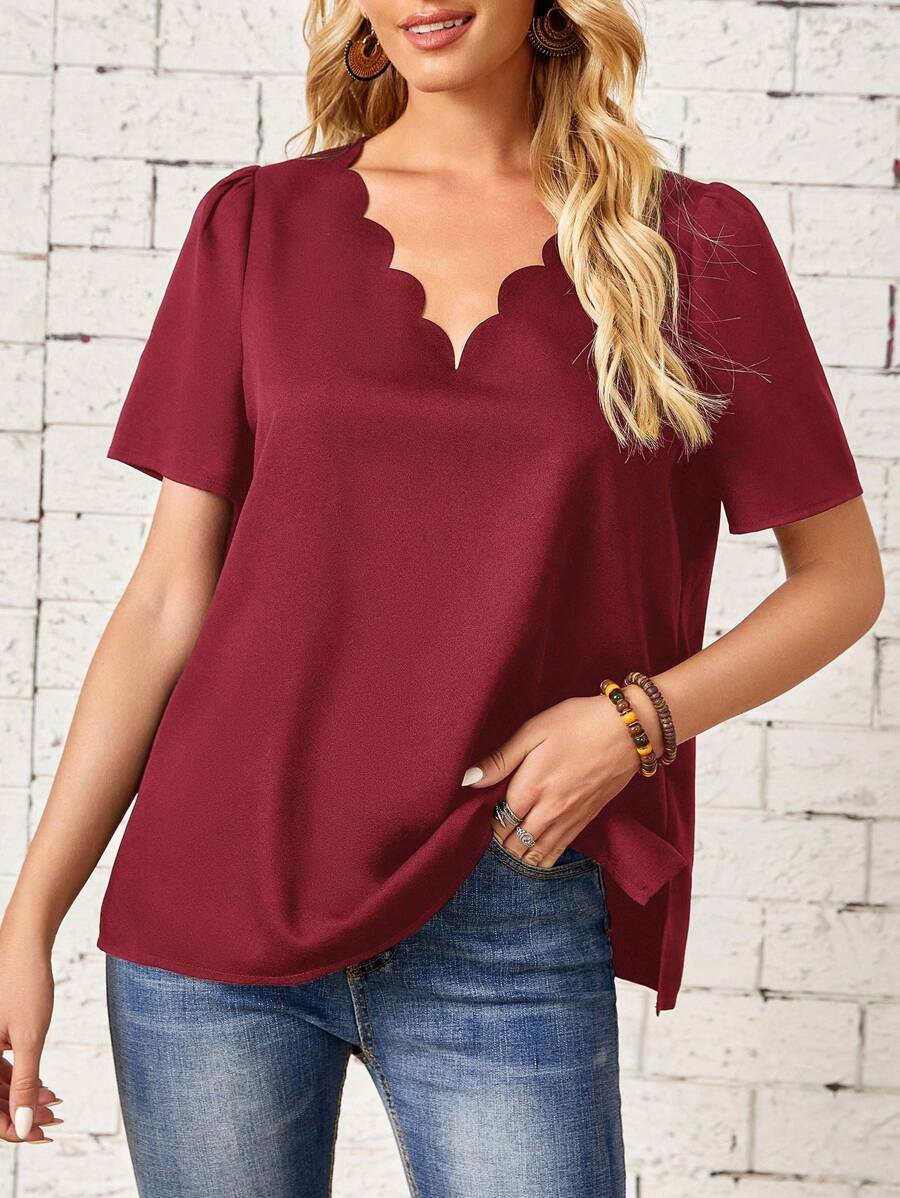 EMERY ROSE Top ribete en abanico escote V unicolor - Burdeos - Ver 1