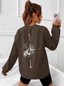 SHEIN EZwear 山和月亮印花落肩T恤 - 巧克力棕 - 查看 1