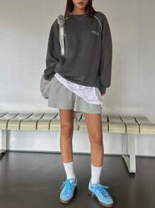 DAZY 字母图案撞色滚边插肩袖运动衫，秋季女装 - 灰色 - 查看 3