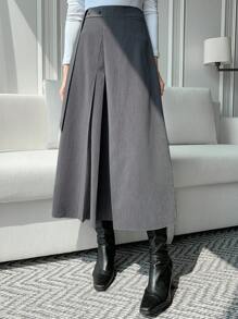 DAZY High Waist Split Thigh Pleated Detail Skirt - Grey - View 5