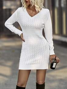 Solid Cable Knit Sweater Dress - White - View 5