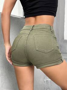 SHEIN PETITE 破洞卷邊牛仔短褲 - 軍綠色 - 查看 2