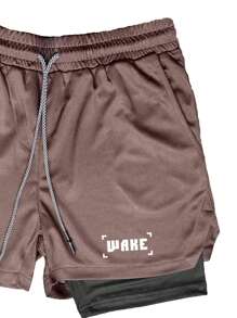 Manfinity Sport Corelite Men Letter Graphic Drawstring Waist 2 In 1 Sports Shorts With Phone Pocket Sweat Pants - Coffee Brown - View 3