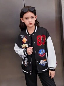 SHEIN Tween Girl Letter & Sports Graphic Drop Shoulder Two Tone Varsity Jacket - Black - View 4