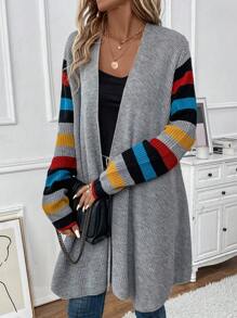 SHEIN Essnce Striped Pattern Casual Design Cardigan - Grey - View 1