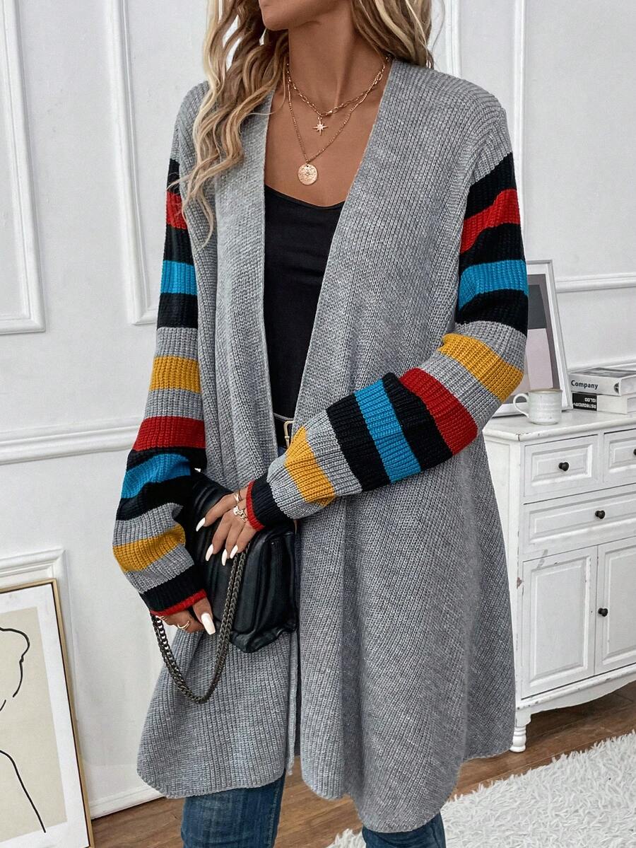 SHEIN Essnce Striped Pattern Casual Design Cardigan - Grey - View 1