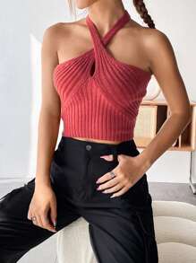 SHEIN Unity 十字交叉吊脖露背針織上衣 - 紅木色 - 查看 7