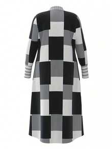 Plaid Print Open Front Longline Coat - Black and White - View 2