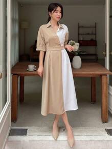 DAZY Two Tone Plicated Detail Shirt Dress - Khaki - View 6