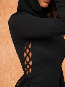 SHEIN Essnce Solid Drawstring Side Hooded Dress - Black - View 3