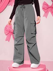SHEIN Teen Girl Flap Pocket Drawstring Waist Cargo Pants - Grey - View 3