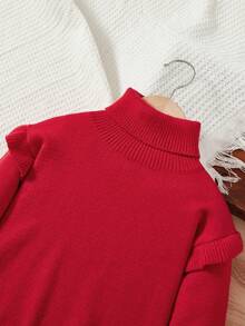 SHEIN Girls Turtleneck Ruffle Trim Sweater - Red - View 4