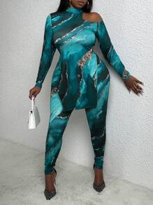 Slaydiva Hơn In Đá cẩm thạch Cổ không đối xứng Áo thun và Leggings - Xanh và trắng - Xem 4