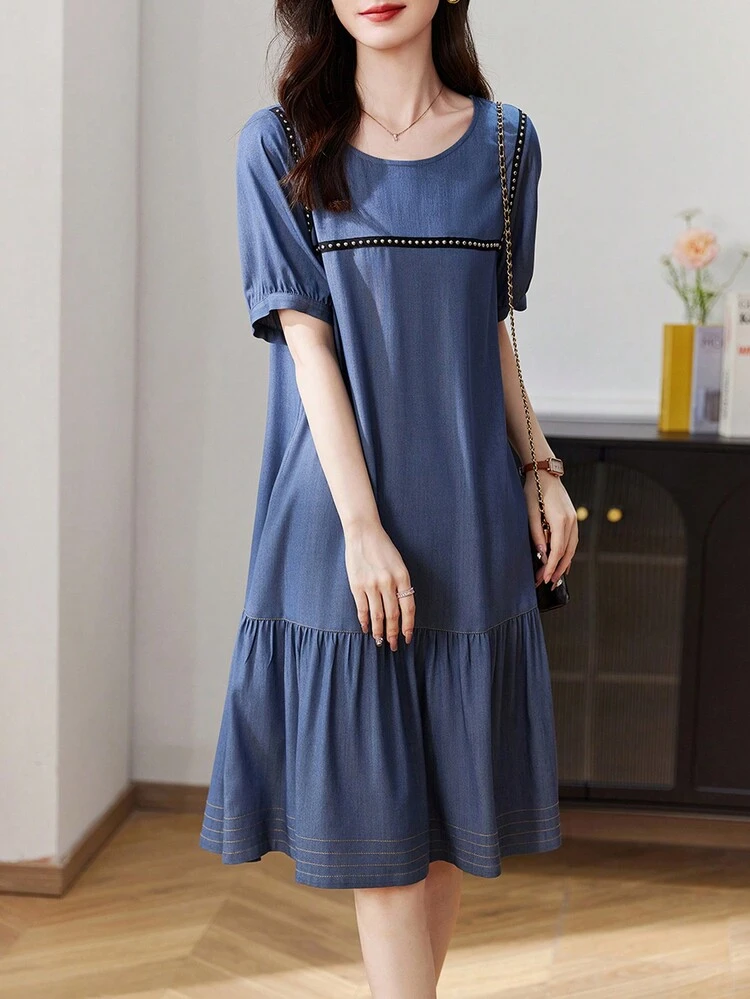 Vestido smock de rayas bajo con fruncido - Azul - Ver 7