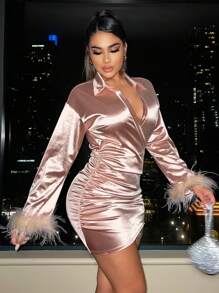 SHEIN SXY Fuzzy Cuff Ruched Wrap Hem Satin Bodycon Dress - Pink - View 5