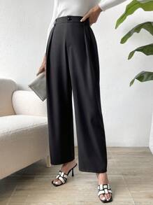 SHEIN Essnce Plicated Detail Straight Leg Pants - Black - View 2