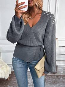 SHEIN Essnce Ngọc trai đính cườm Tay áo lồng đèn Thắt lưng Bọc Áo len Mở - Màu xám đen - Xem 5