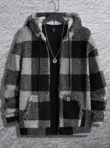 Manfinity VCAY Loose Fit Men's Plaid Print Drawstring Hooded Teddy Jacket (Without T-Shirt), For Fall Winter - Black - View 4