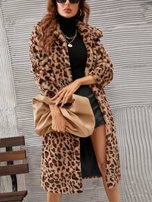 Women Lightweight Leopard Print Fleece Spring Jacket - Coffee Brown - View 5