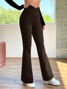SHEIN EZwear Retro Style Brown Solid Flare Leg Pants - Chocolate Brown - View 3