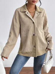 SHEIN Essnce Drop Shoulder Pocket Patched Suedette Coat - Coffee Brown - View 1