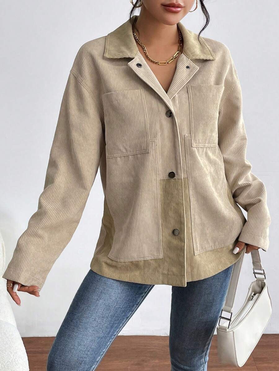 SHEIN Essnce Drop Shoulder Pocket Patched Suedette Coat - Coffee Brown - View 1