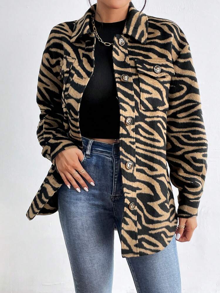 Zebra Striped Print Drop Shoulder Flap Pocket Coat
