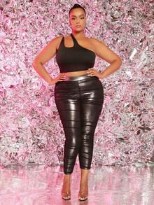 SHEIN SXY Talla grande Leggings PU fruncido - Bronce - Ver 5