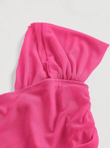 SHEIN MOD 一字肩褶邊網紗上衣 - 玫紅色 - 查看 3