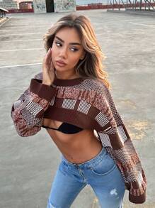 SHEIN ICON Phương Tây Sọc & Mẫu Geo Siêu crop Áo len Không có áo ngực - Nhiều màu - Xem 3