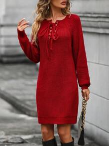 SHEIN LUNE Lace Up Front Raglan Sleeve Sweater Dress - Burgundy - View 1