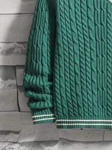 SHEIN Tween Boy Cable Knit Striped Trim Sweater Without Shirt - Dark Green - View 3