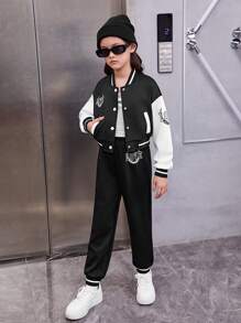 SHEIN 女大童1入組字母圖案雙色學院風夾克和1入組衛褲 - 黑色 - 查看 4