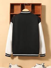 SHEIN Adolescent Garçon Veste Universitaire À Lettres À Ourlet À Rayures Couture Latérale Contrastée - Noir et Blanc - Voir 2