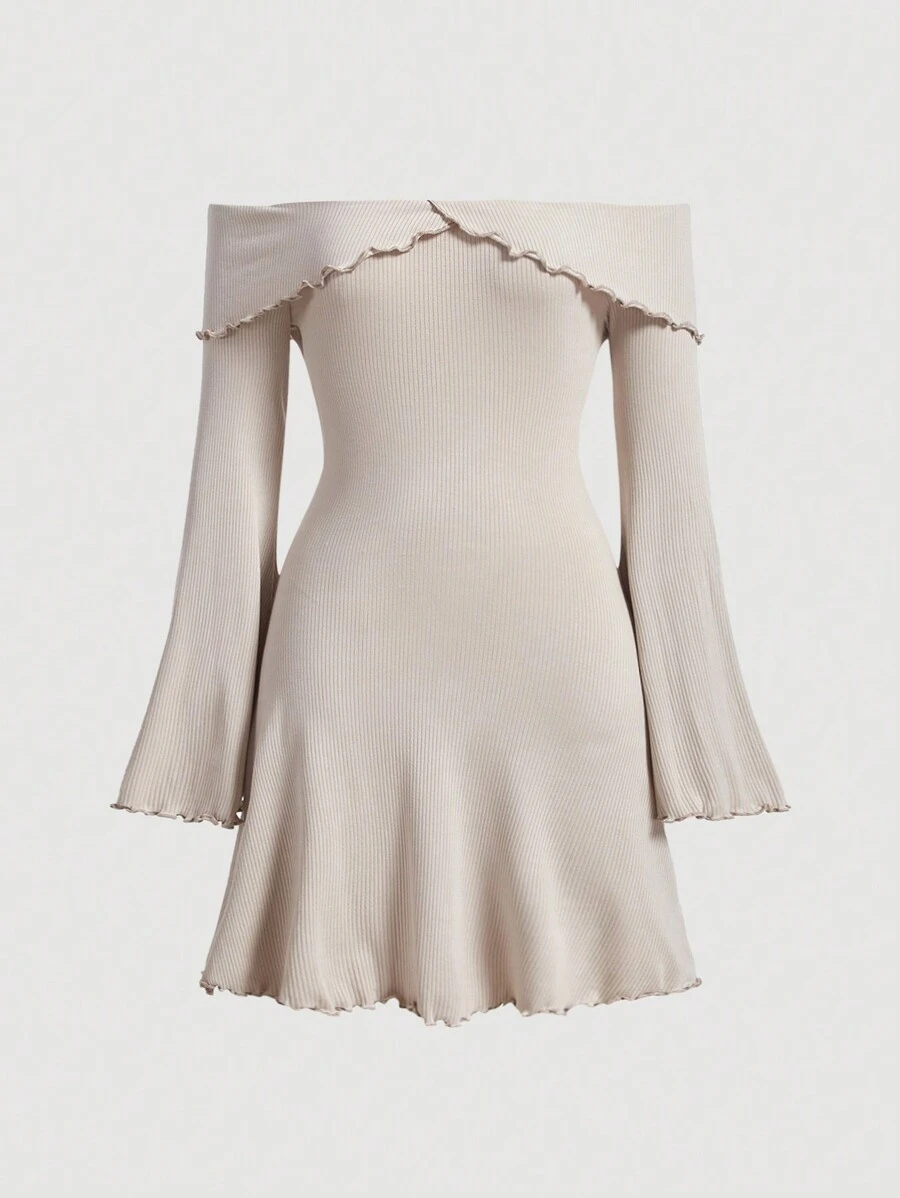 SHEIN MOD Women Dresses Lettuce Trim Ruffle Rib-Knit Plain Casual - Krem - View 1