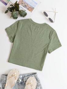 INAWLY 素色圓領短款T恤 - 橄欖綠 - 查看 2