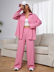 SHEIN EZwear Textured Shirt & Wide Leg Pants - Pink - View 4