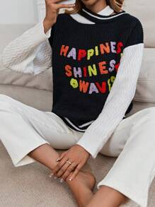 SHEIN LUNE Suéter de punto con bloque de color y hombros caídos con estampado de eslogan para otoño e invierno - Blanco y Negro - Ver 5