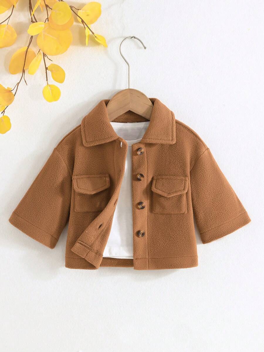 Baby Girl Flap Pocket Button Front Coat - Brown - View 1