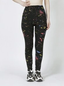 Splash Ink Print Leggings - Black - View 5