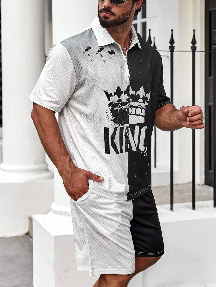 Manfinity LEGND Men Plus Letter Graphic Two Tone Polo Shirt & Shorts - Black and White - View 1