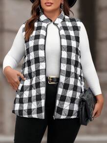 SHEIN Clasi Chaleco con cremallera y acolchado con estampado de cuadros de búfalo talla grande - Blanco y Negro - Ver 4