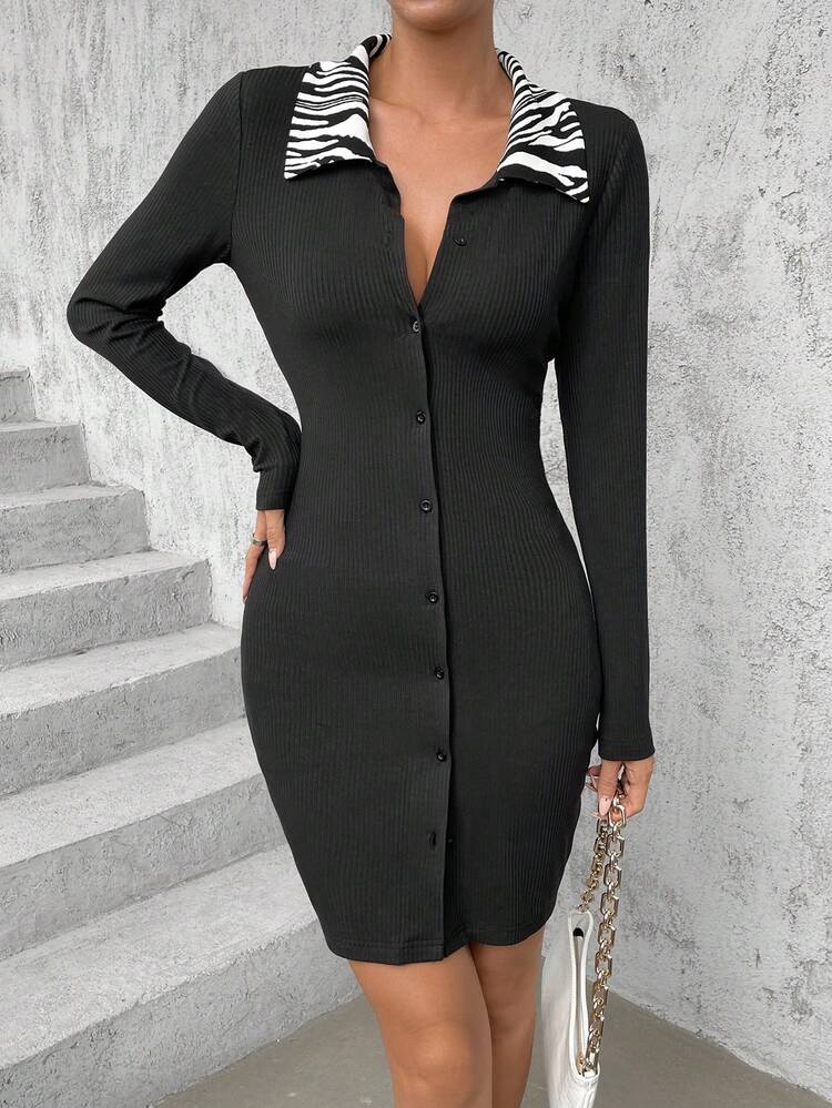 Zebra Striped Print Button Front Bodycon Dress